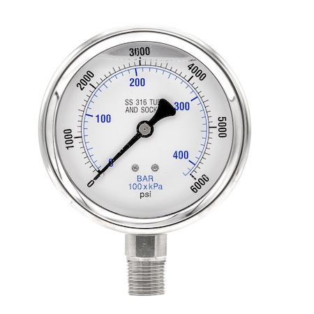 Pro 4 in Dial, 0/6000 PSI & Bar, 1/2 in NPT, Lower Mount Glycerin Filled Pressure Gauge PRO-301L-402S-01